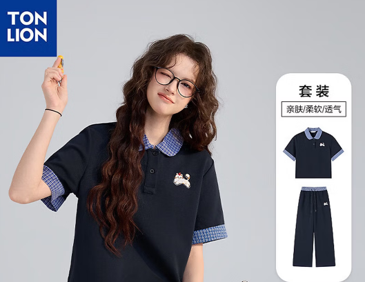 唐狮（TonLion）2026春夏季新款女短袖长裤套装藏青色休闲风拼接格纹设计感
